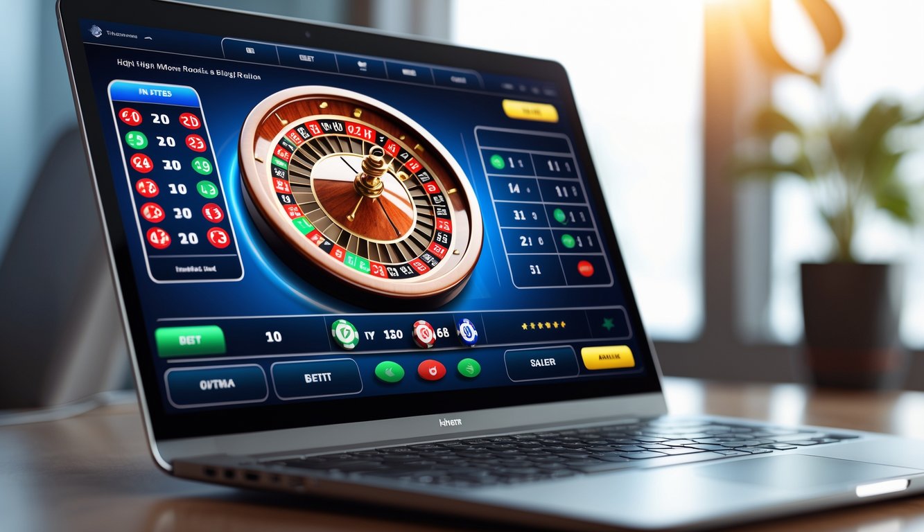 Sebuah layar komputer menampilkan permainan roulette online dengan roda roulette digital dan chip taruhan.