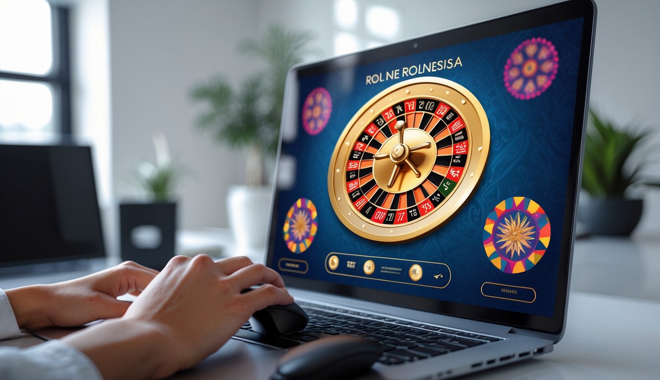 Seseorang menggunakan komputer dengan tampilan roda roulette digital yang berwarna-warni dan latar belakang dengan pola batik Indonesia.