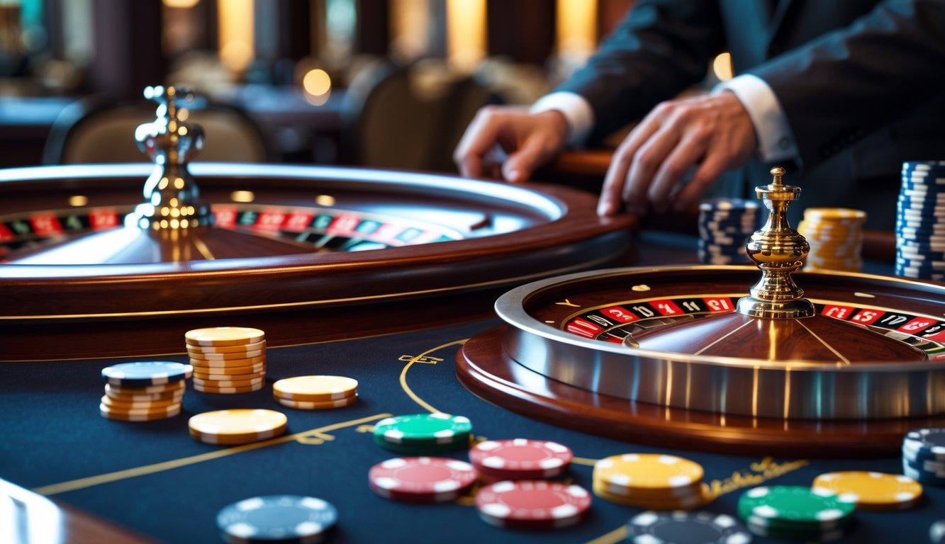 Meja roulette kasino mewah dengan roda roulette yang sedang berputar dan chip taruhan di sekitarnya.