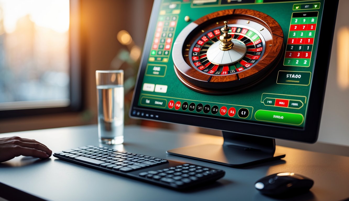 Sebuah meja komputer modern dengan layar menampilkan permainan roulette online yang sedang berputar.