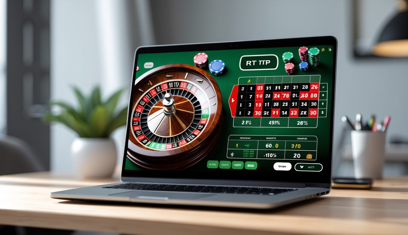 Layar laptop menampilkan permainan roulette online dengan roda roulette berwarna merah, hitam, dan hijau serta antarmuka taruhan digital di atas meja kayu bersih.