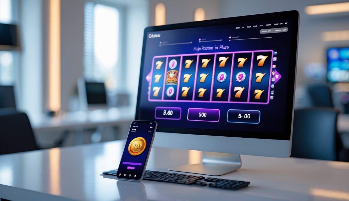 Antarmuka kasino online modern dengan mesin slot berwarna-warni ditampilkan di monitor dan ponsel di atas meja minimalis.