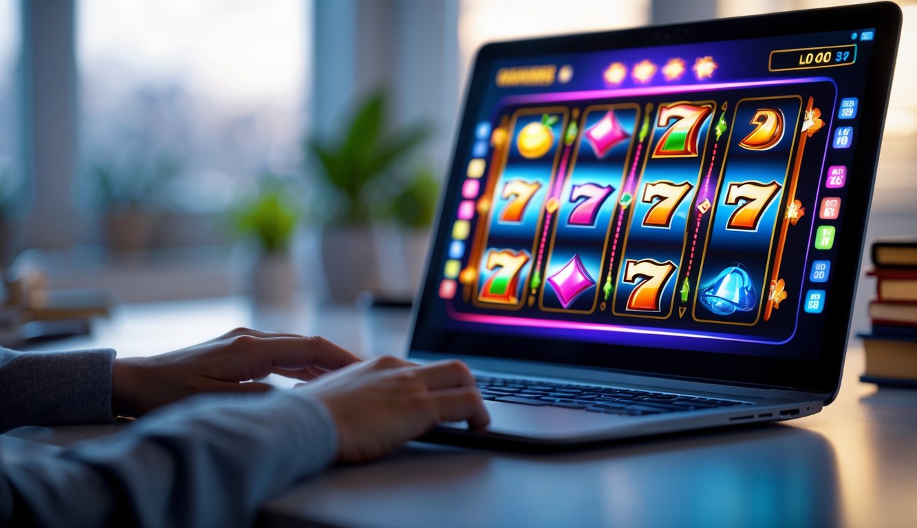 Seseorang bermain mesin slot online di komputer dengan layar menampilkan gulungan warna-warni di ruang kerja yang nyaman.