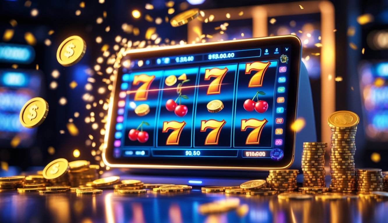 Layar perangkat menampilkan mesin slot digital dengan koin emas dan konfeti di sekitarnya, menunjukkan momen kemenangan jackpot besar.
