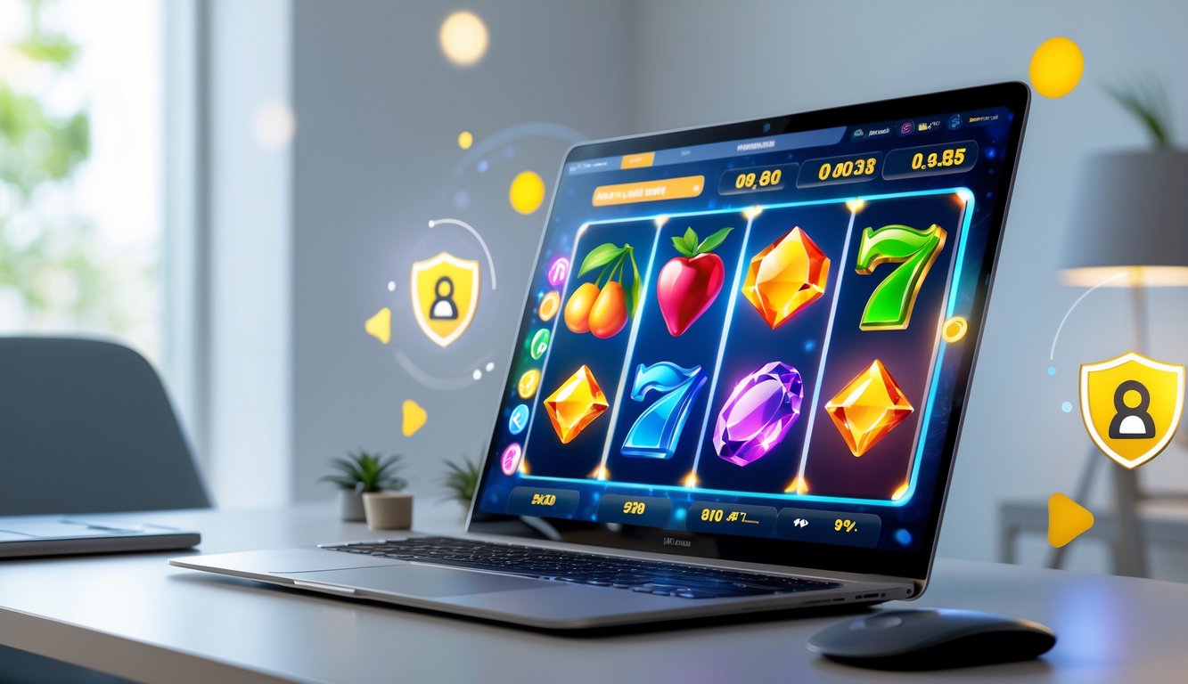 Sebuah meja kerja modern dengan layar komputer menampilkan permainan slot online yang berwarna-warni dan simbol keberuntungan, dikelilingi suasana yang bersih dan terang.