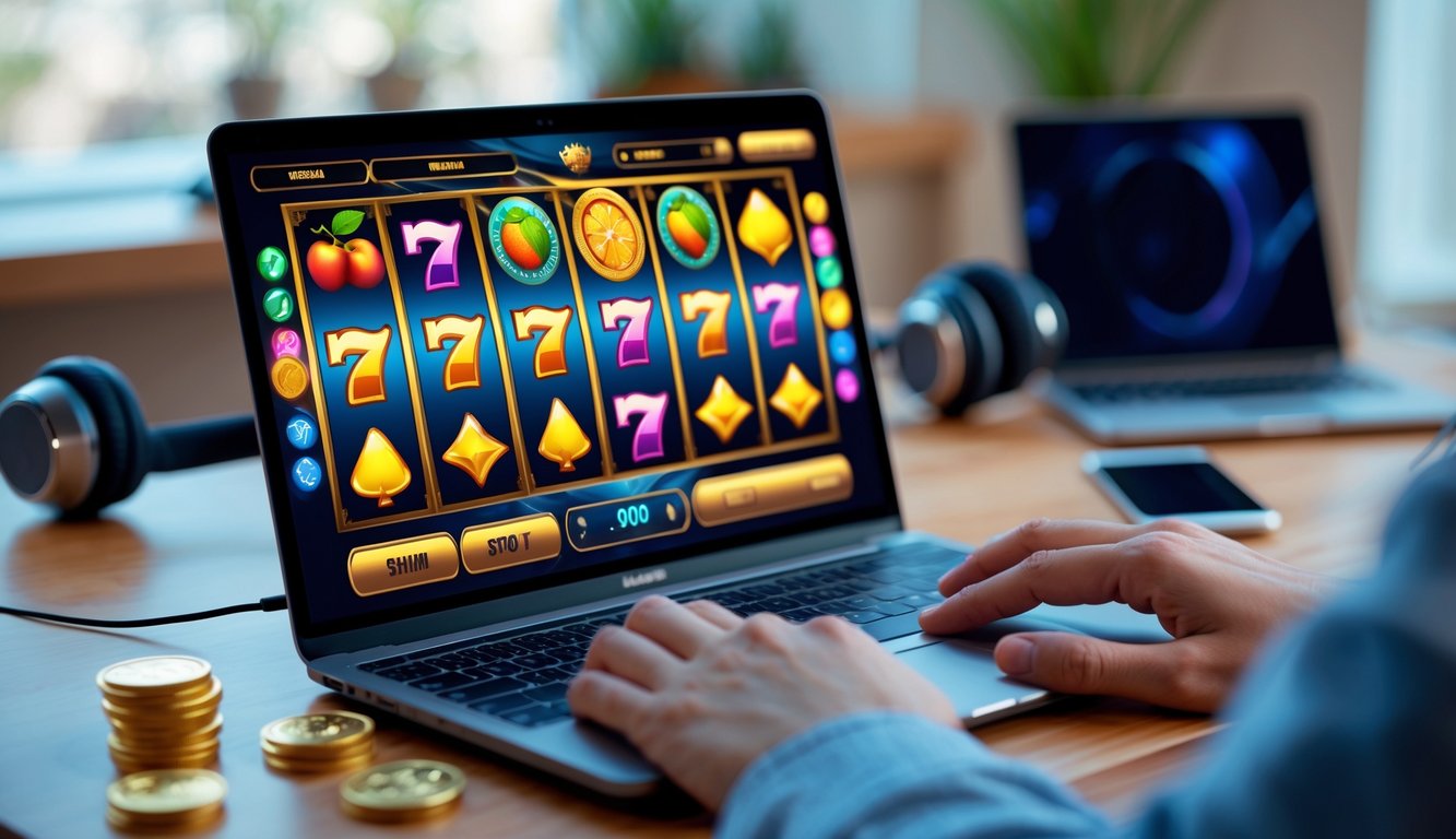Seseorang bermain permainan slot online di laptop dengan tampilan layar penuh simbol slot warna-warni.
