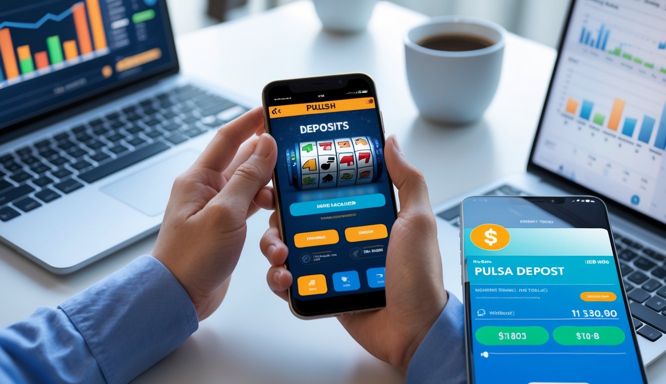 Tangan seseorang memegang ponsel yang menampilkan permainan slot online dan layar aplikasi pembayaran pulsa di meja kerja.