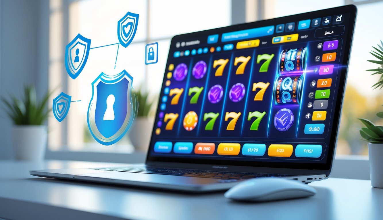 Sebuah komputer menampilkan permainan mesin slot online dengan simbol keamanan di latar belakang