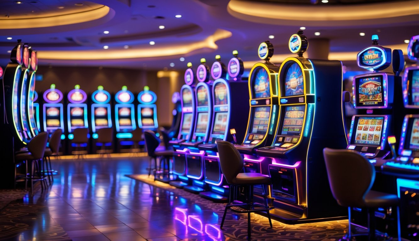 Area mesin slot berwarna-warni dengan lampu menyala di dalam kasino modern yang terang.