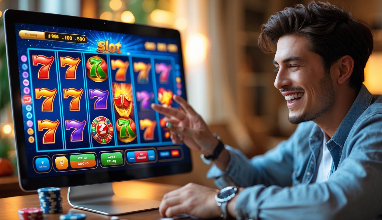 Seorang dewasa muda tersenyum sambil bermain permainan slot online di komputer dengan latar belakang ruangan yang nyaman.