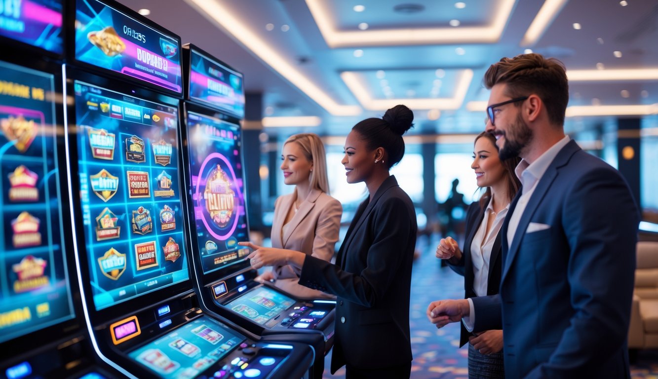 Orang-orang menggunakan mesin slot digital di lingkungan kasino online yang modern dan futuristik.