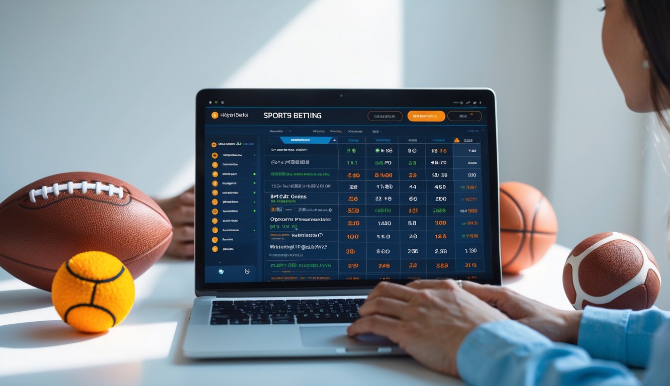 Seseorang menggunakan laptop di meja dengan bola sepak, bola basket, dan bola tenis di sekitarnya, menunjukkan aktivitas judi olahraga online.