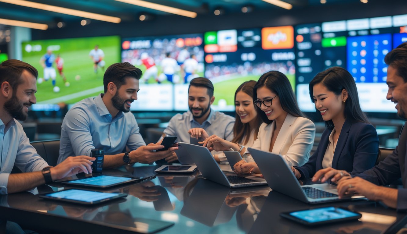 Orang-orang menggunakan perangkat digital untuk memasang taruhan olahraga di ruang modern dengan layar besar menampilkan pertandingan olahraga.