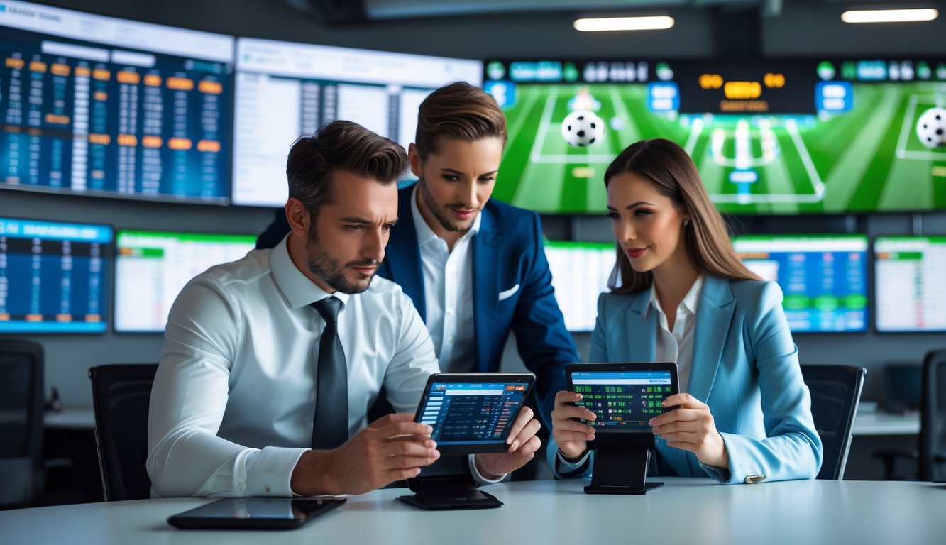 Dua orang profesional sedang melihat perangkat digital dengan statistik dan skor pertandingan sepak bola di kantor modern.