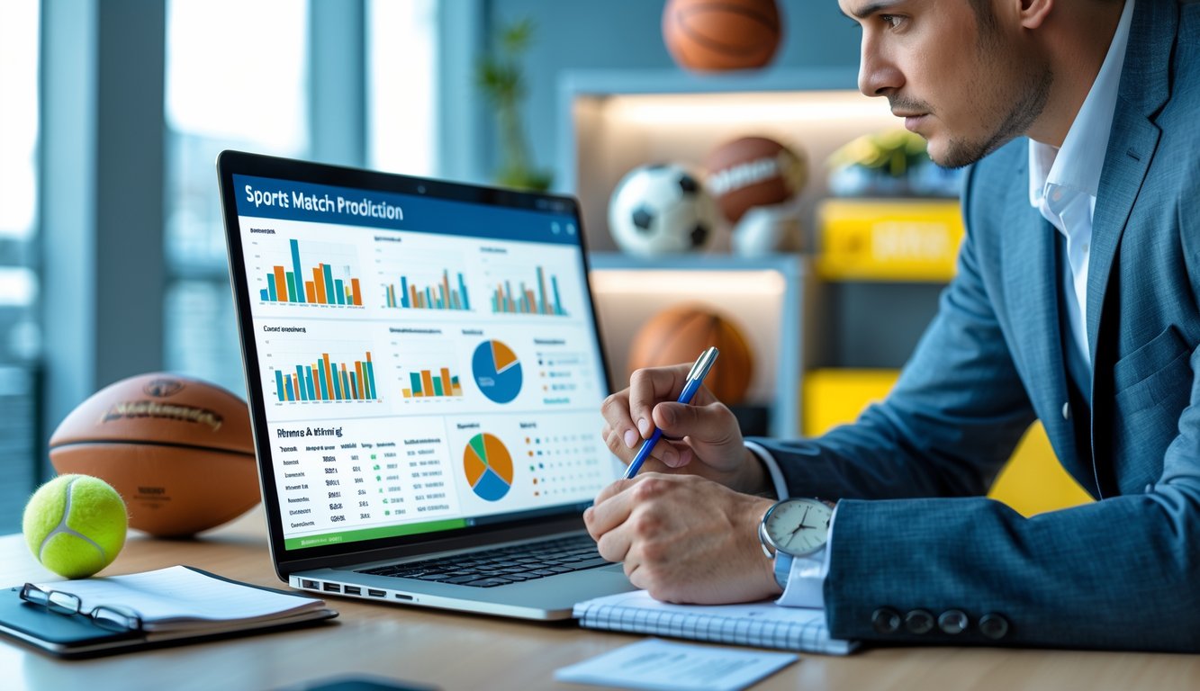 Seorang pria sedang menganalisis data pertandingan olahraga di depan laptop dengan bola olahraga di sekitarnya di ruang kerja yang terang.
