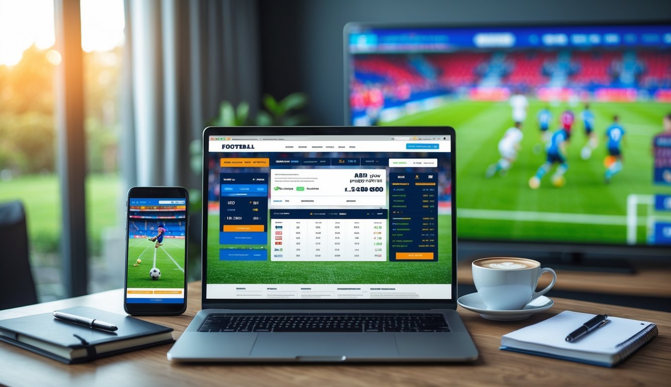 Seorang pria menggunakan laptop dan smartphone untuk memasang taruhan sepak bola online di meja kerja dengan televisi yang menampilkan pertandingan sepak bola di latar belakang.