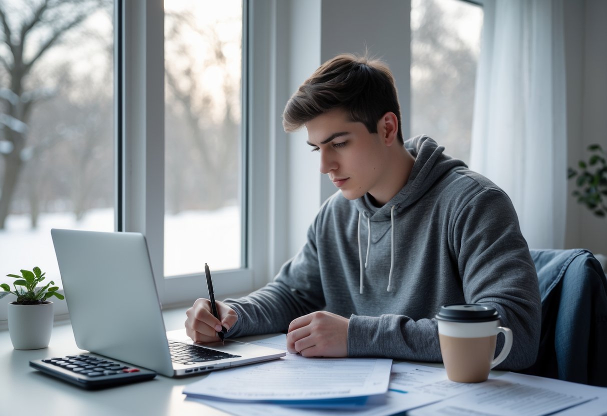 A young adult student working at a desk with a laptop, paperwork, and a calculator near a window showing a winter scene outside.