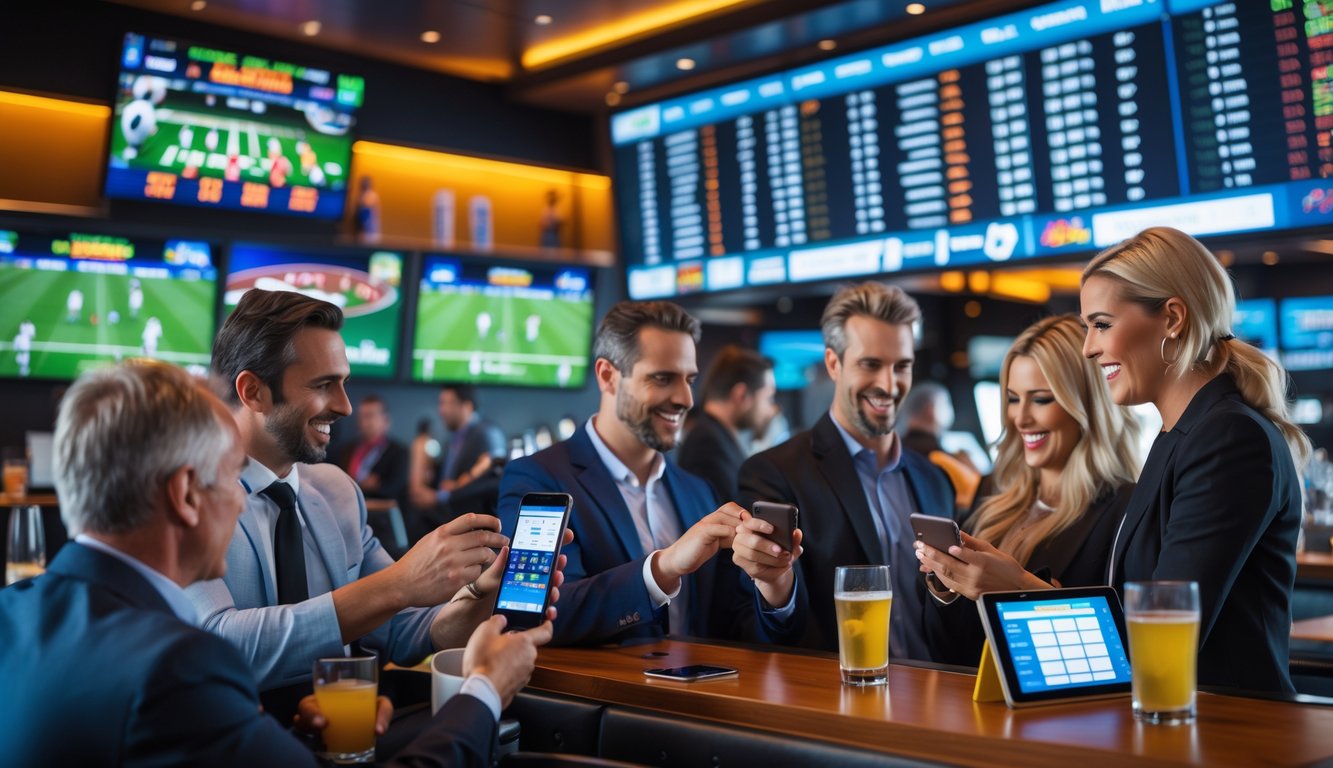 Orang-orang sedang memasang taruhan olahraga menggunakan perangkat digital di sebuah tempat taruhan olahraga yang modern dan ramai.
