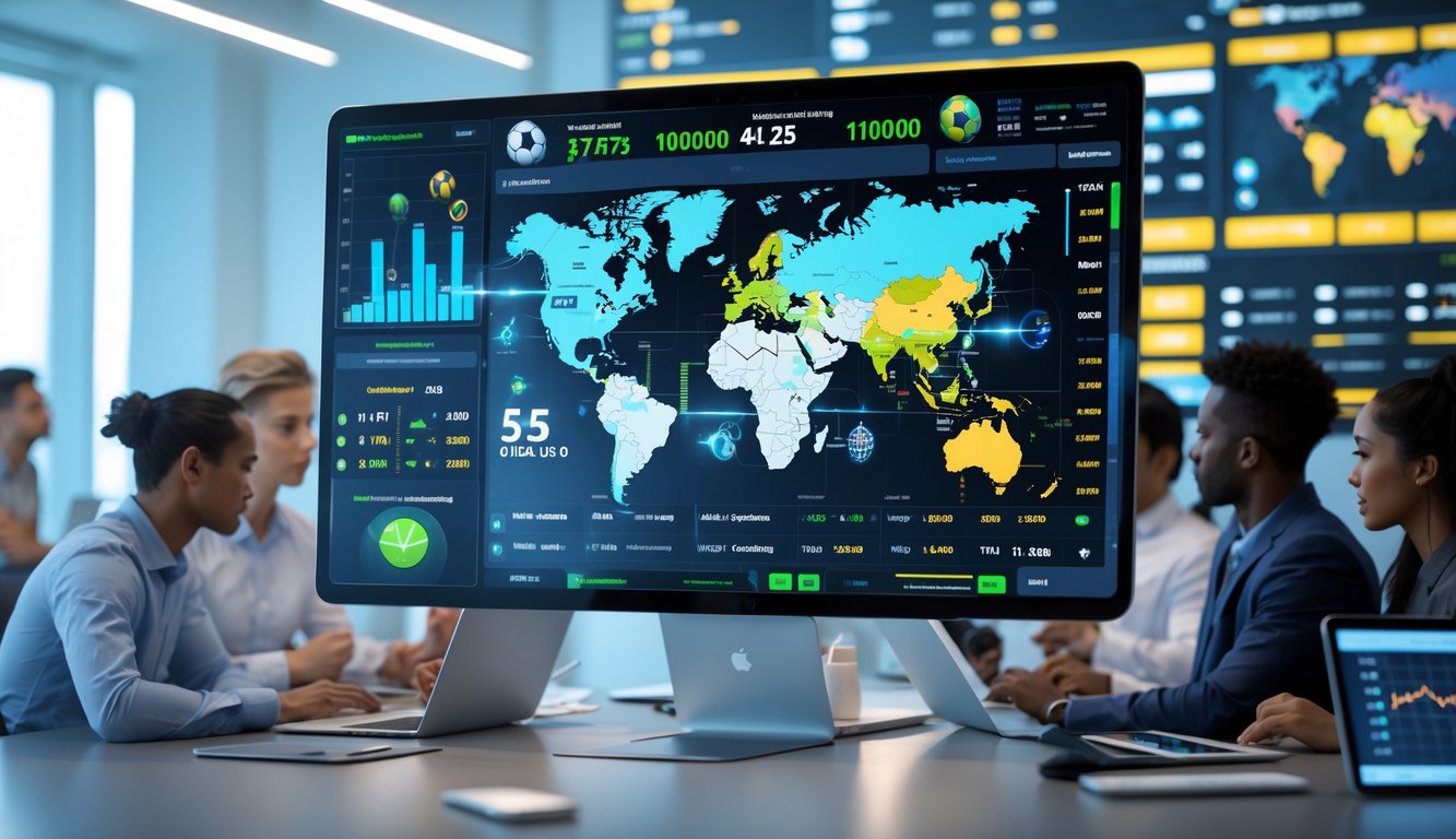 Sejumlah orang dari berbagai budaya sedang melihat data taruhan olahraga dunia di layar digital dalam ruangan kantor modern.