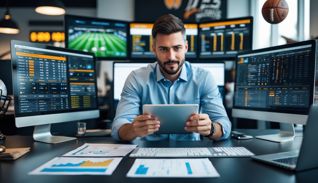 Seorang pria sedang menganalisis strategi taruhan olahraga di kantor modern dengan beberapa layar komputer yang menampilkan statistik dan pertandingan olahraga.