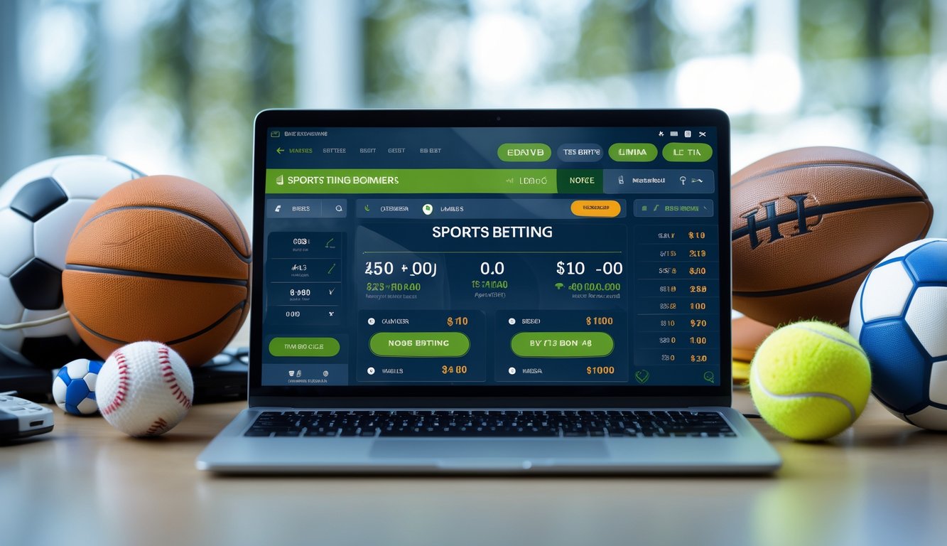Perangkat elektronik dengan tampilan peluang taruhan olahraga dan beberapa bola olahraga di sekitarnya.