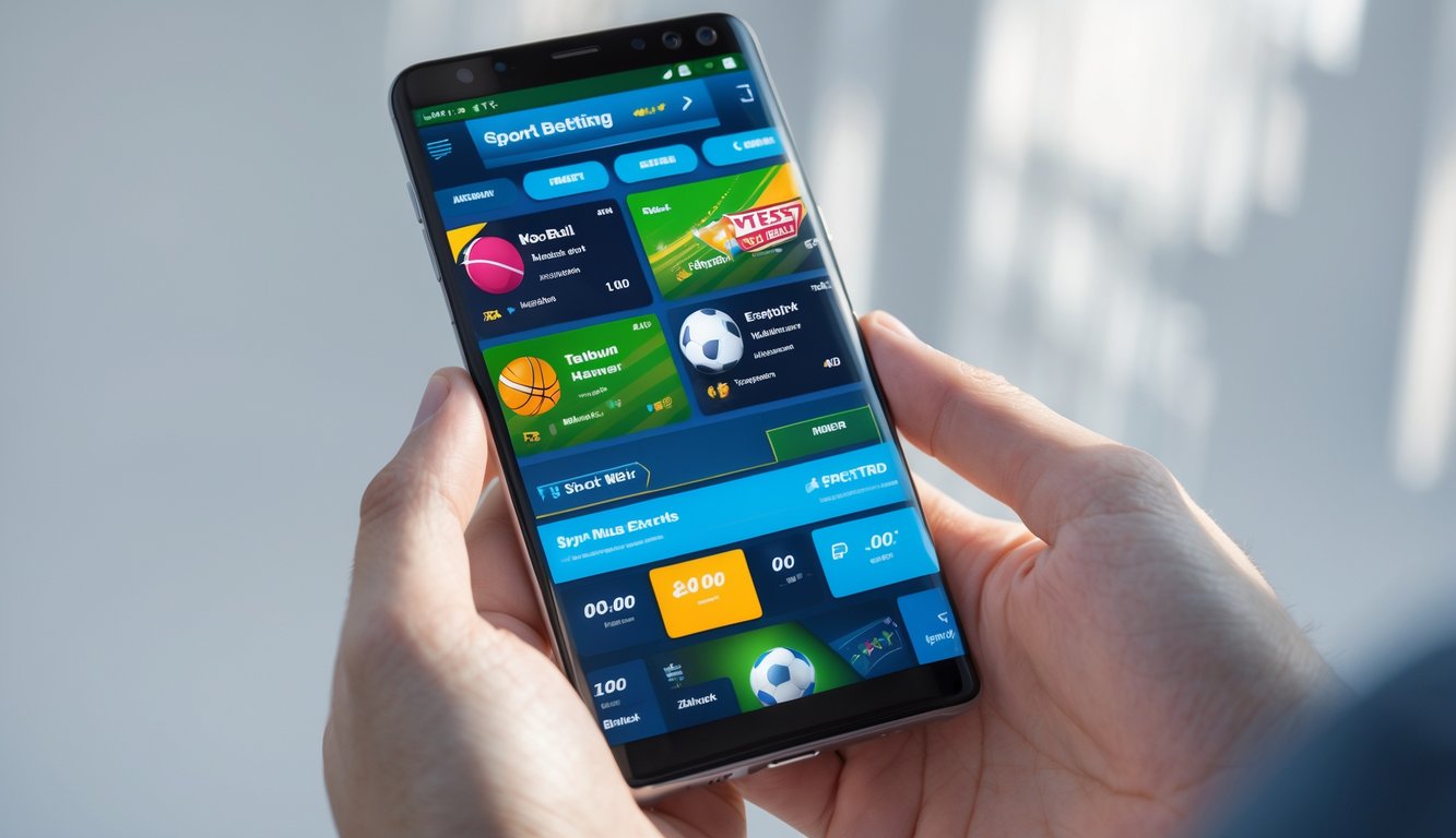 Seseorang memegang ponsel yang menampilkan aplikasi taruhan olahraga dengan ikon berbagai cabang olahraga di layar.