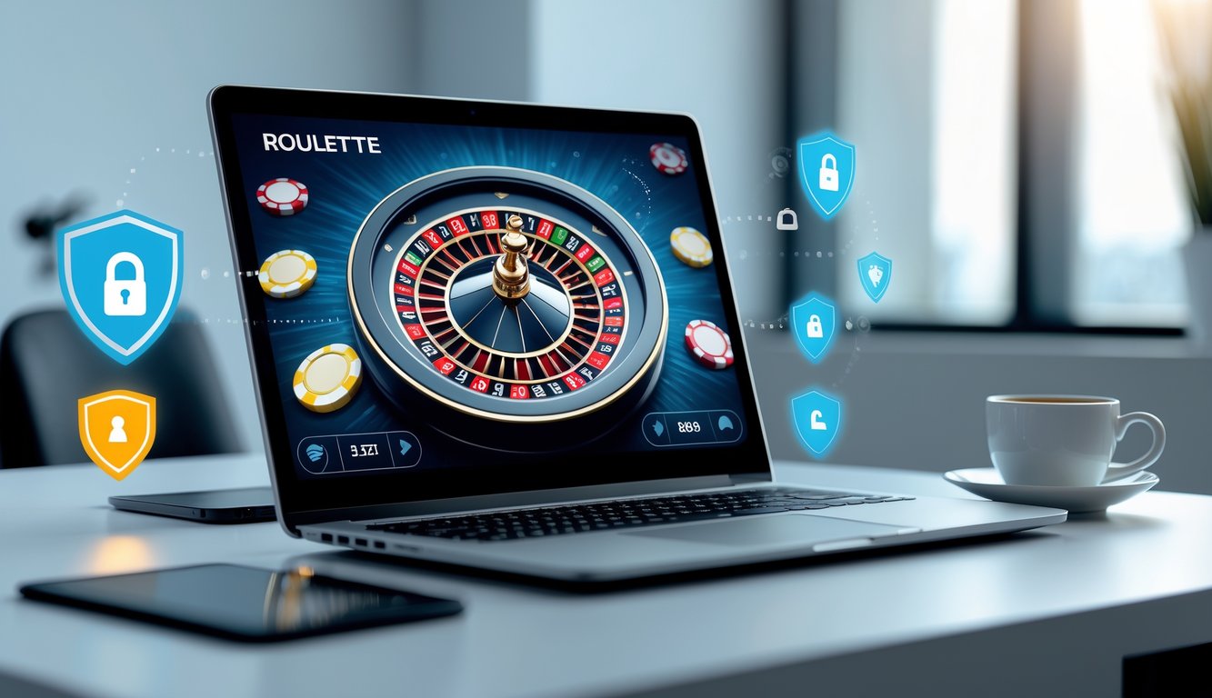 Sebuah laptop menampilkan roda roulette online dengan suasana ruang kerja yang rapi dan terang.