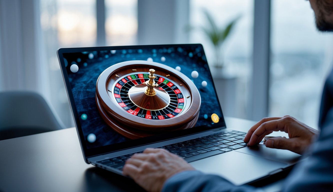 Seseorang sedang bermain roulette online dengan layar komputer yang menampilkan roda roulette berputar.