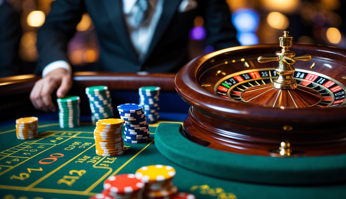 Suasana permainan roulette di kasino dengan roda roulette, tumpukan chip warna-warni, dan dealer yang sedang mengawasi permainan.