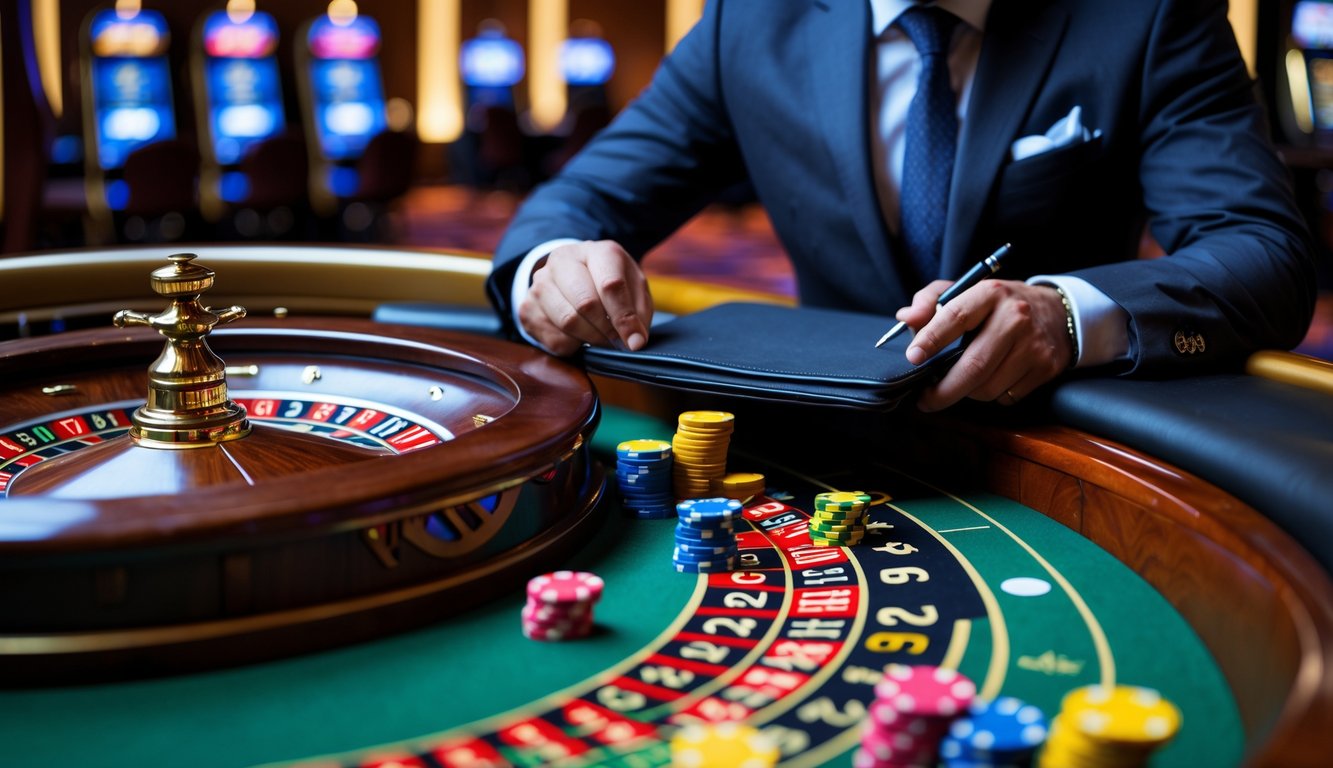 Seorang pria berpakaian rapi sedang memperhatikan meja roulette di kasino dengan tumpukan chip taruhan di depan.