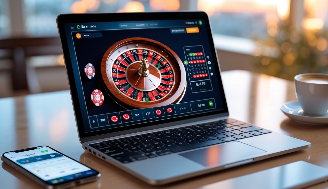 Layar laptop menampilkan permainan roulette online dengan roda roulette berputar, diletakkan di atas meja kayu dengan ponsel dan secangkir kopi di sampingnya.