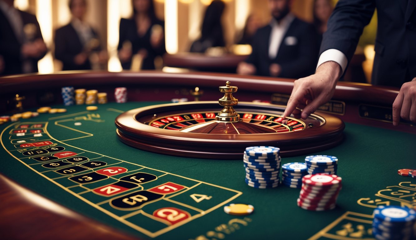 Meja roulette kasino dengan roda roulette yang sedang berputar dan tangan dealer menaruh chip taruhan.