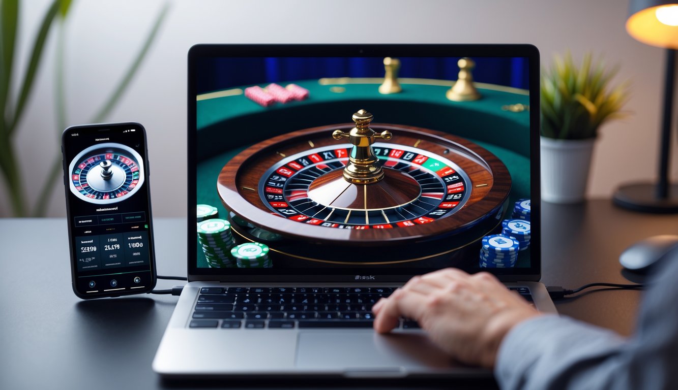 Seseorang sedang bermain roulette online menggunakan komputer dengan tampilan roda roulette di layar.