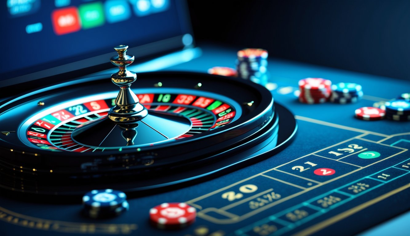 Tampilan layar komputer yang menampilkan permainan roulette online dengan roda roulette digital dan chip taruhan.