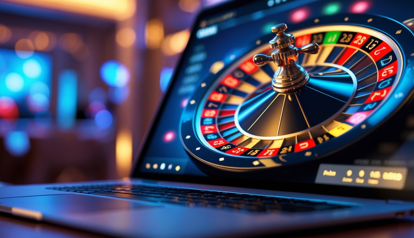 Layar komputer menampilkan roda roulette digital yang berputar dengan latar belakang suasana kasino yang mewah.