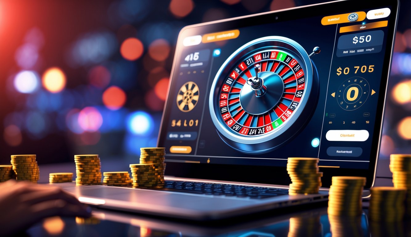 Sebuah komputer menampilkan roda roulette digital berwarna cerah dengan bola yang bergerak, dikelilingi oleh elemen-elemen terkait permainan judi online.