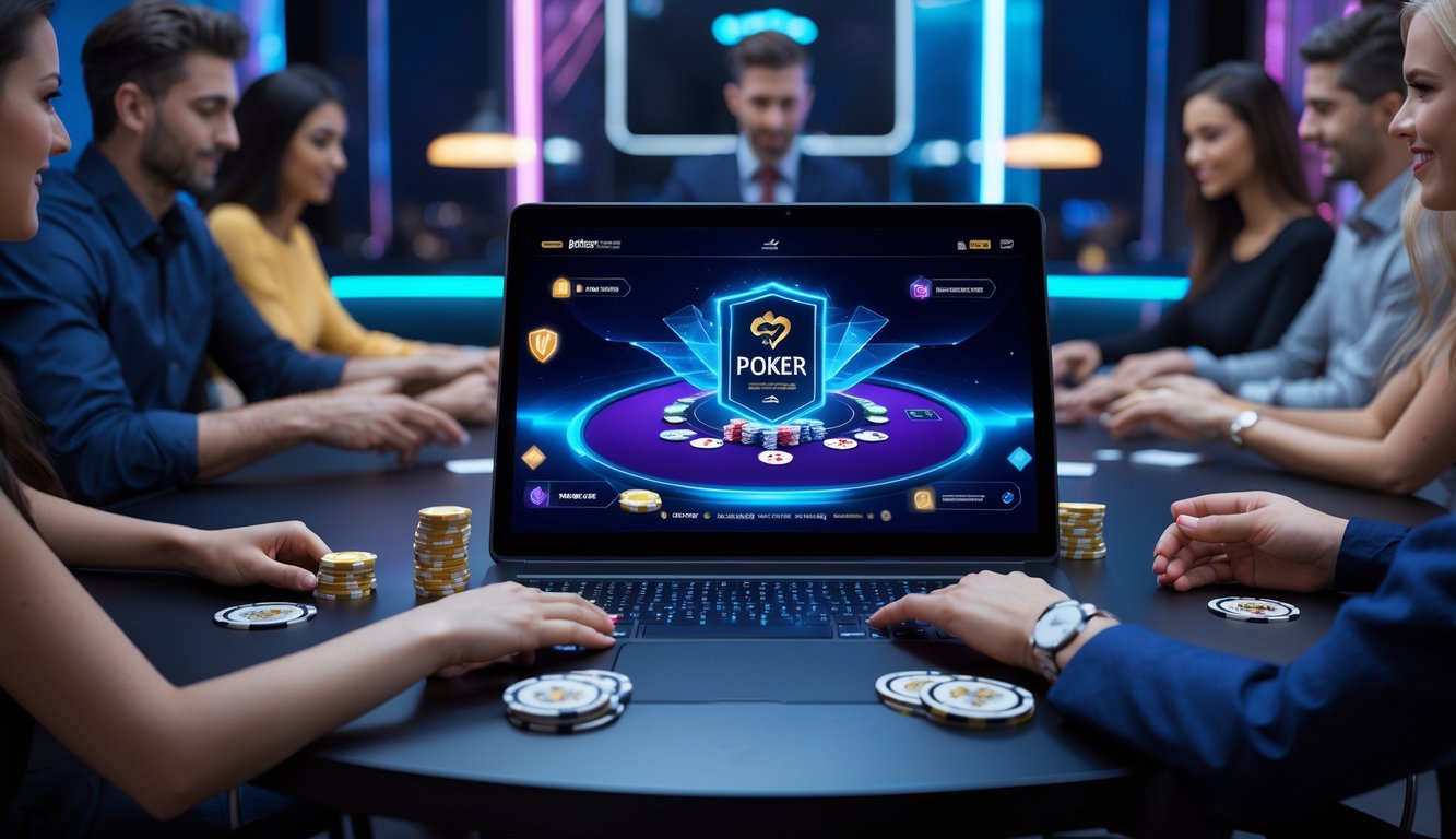 Orang-orang bermain poker online di depan laptop dengan kartu dan chip poker di meja, suasana ruangan modern dan terang.