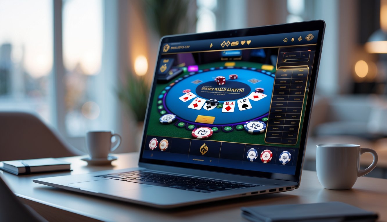 Seseorang sedang bermain poker online di komputer dengan suasana ruang kerja yang rapi dan nyaman.