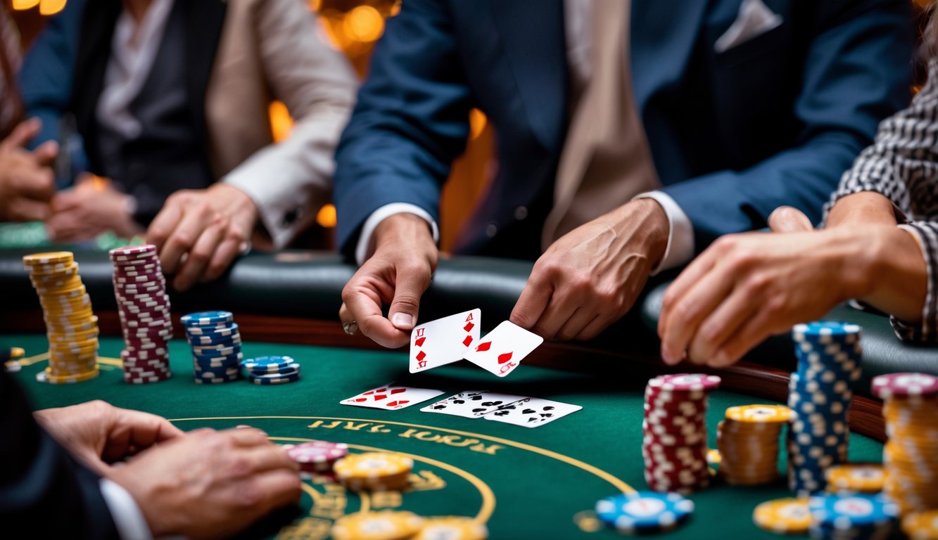 Meja poker dengan chip dan kartu sedang dimainkan oleh beberapa orang dalam suasana kasino.