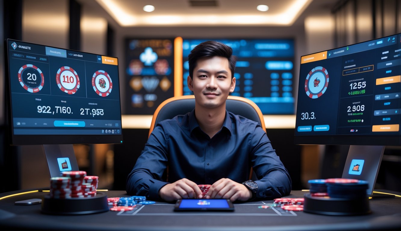 Seorang dewasa muda duduk di meja modern dengan beberapa perangkat digital yang menampilkan permainan poker dan statistik, terlihat fokus dan percaya diri.