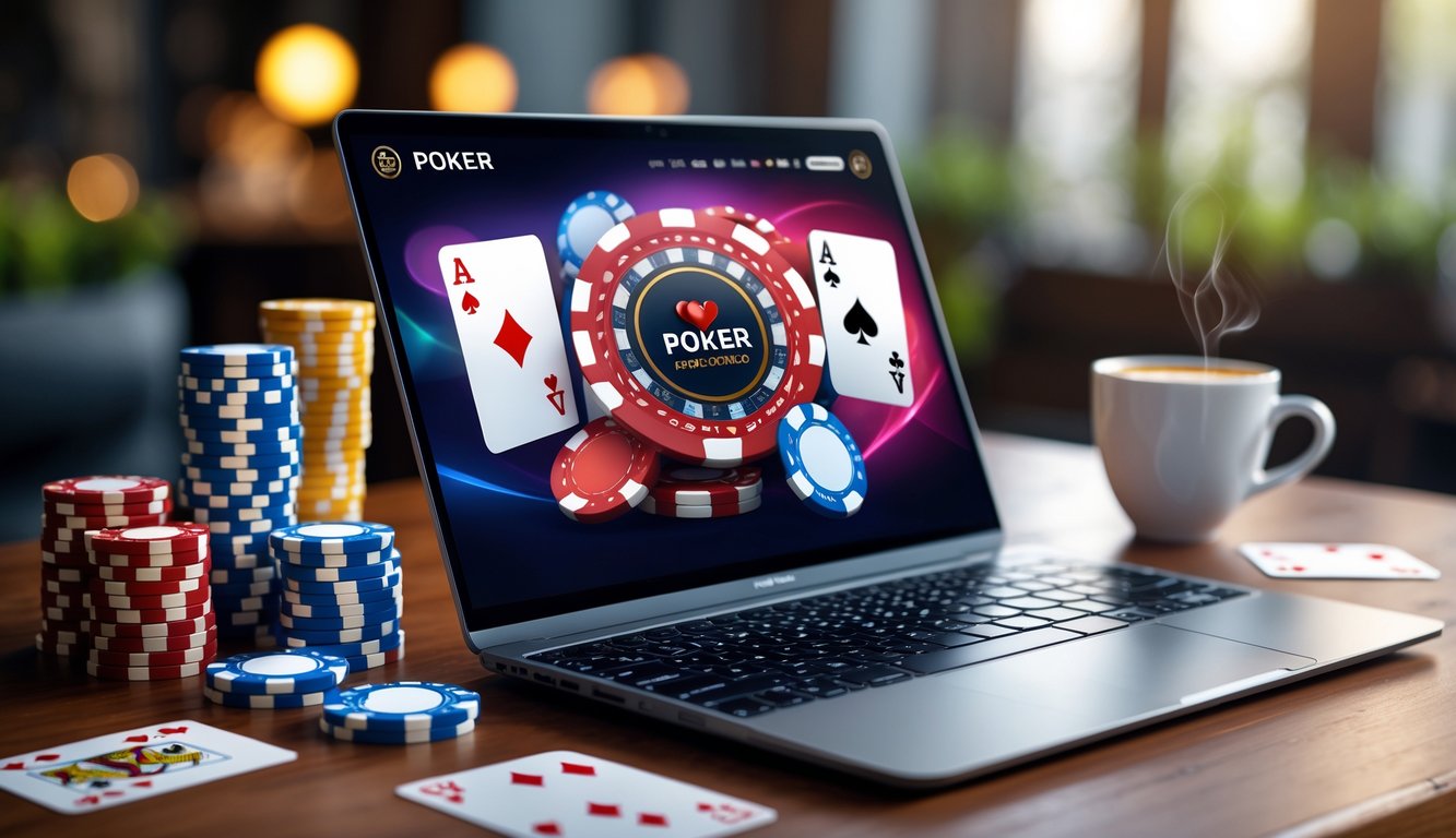 Sebuah meja dengan komputer menampilkan permainan poker online, dikelilingi oleh kartu remi dan chip poker.