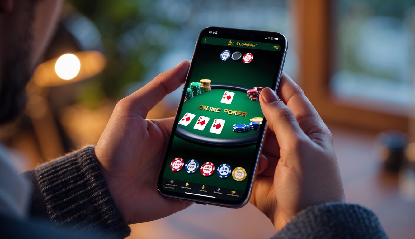 Seseorang memegang ponsel yang menampilkan permainan poker online dengan kartu dan chip di layar.