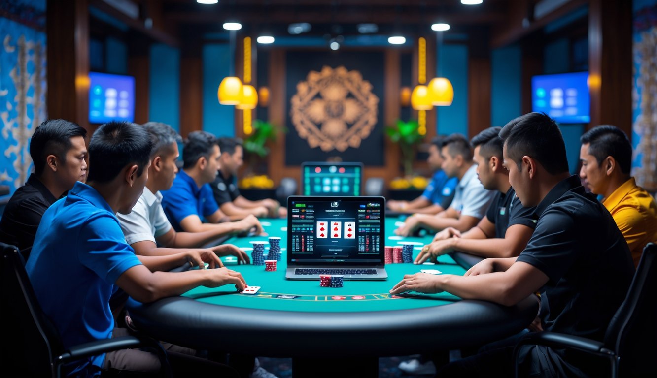 Beberapa orang sedang bermain poker online di meja dengan perangkat digital, latar belakang menampilkan elemen budaya Indonesia.