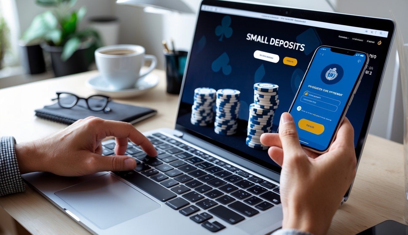 Seorang pengguna sedang bermain poker online dengan laptop dan smartphone di meja kerja yang rapi.