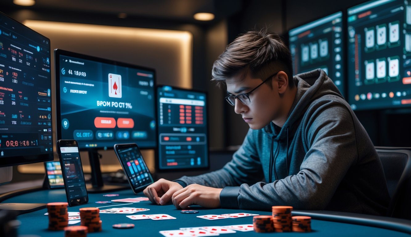 Seorang dewasa muda fokus bermain poker online di depan beberapa layar komputer dengan kartu dan chip di atas meja.