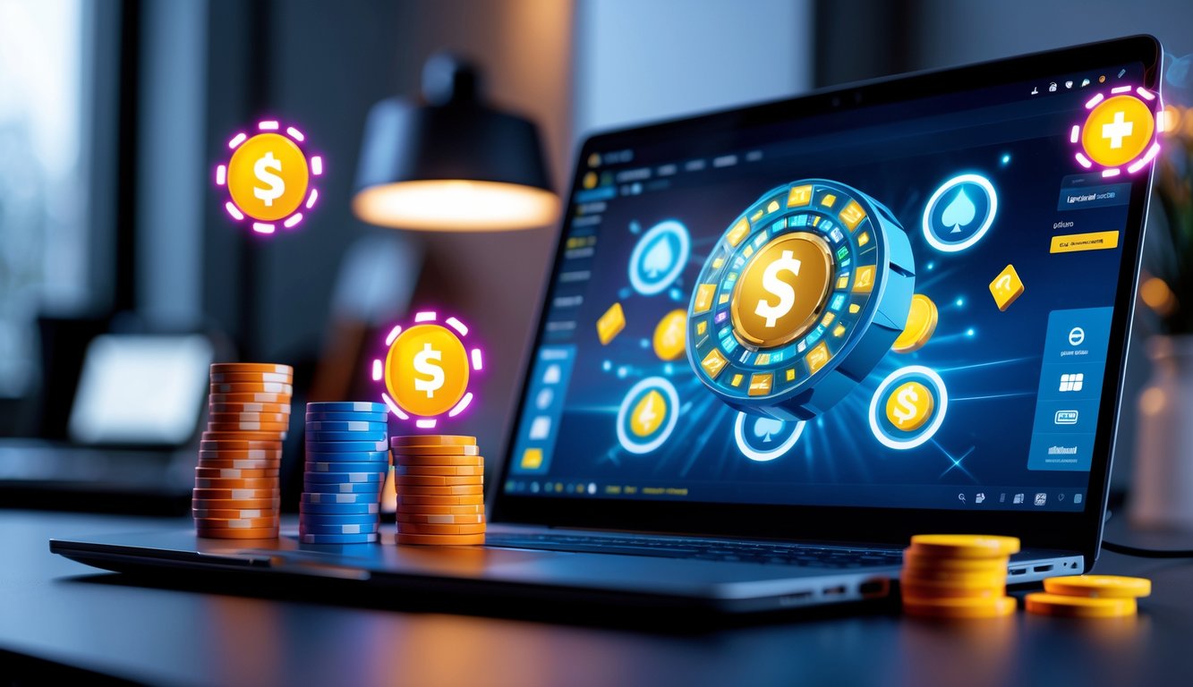 Sebuah laptop modern dengan permainan poker online di layar, dikelilingi tumpukan chip poker di atas meja, di ruang kerja dengan pencahayaan hangat.