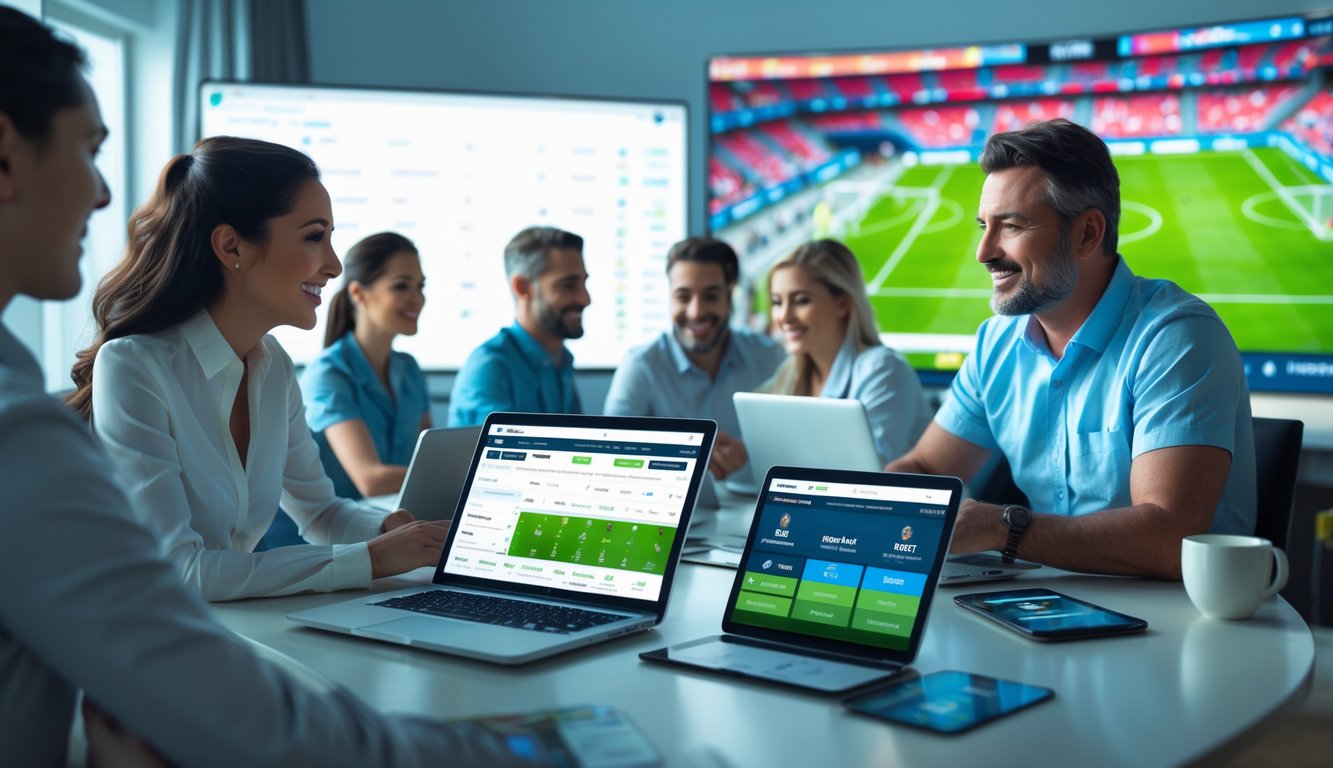 Beberapa orang menggunakan perangkat digital untuk memasang taruhan bola online di ruangan yang terang dan modern.