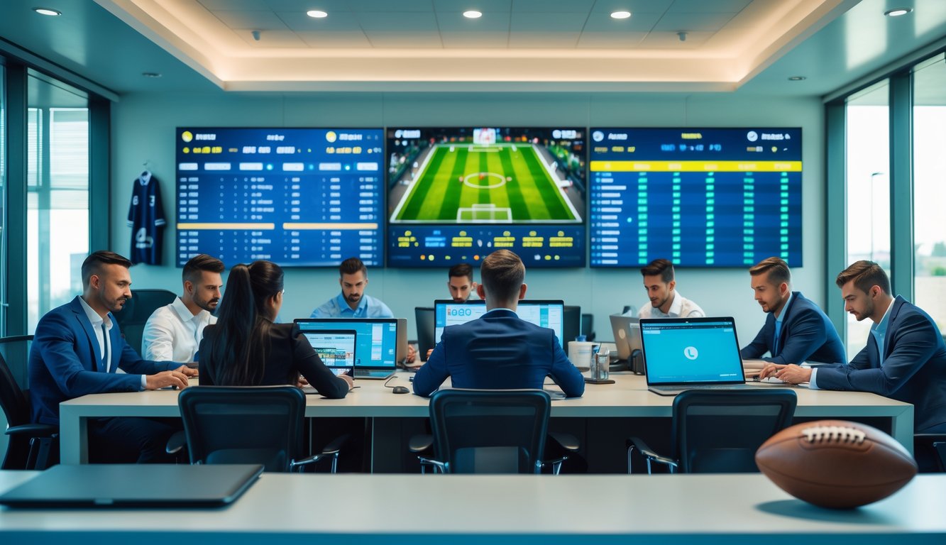 Orang-orang sedang bekerja di kantor modern dengan layar besar menampilkan pertandingan sepak bola dan data taruhan.
