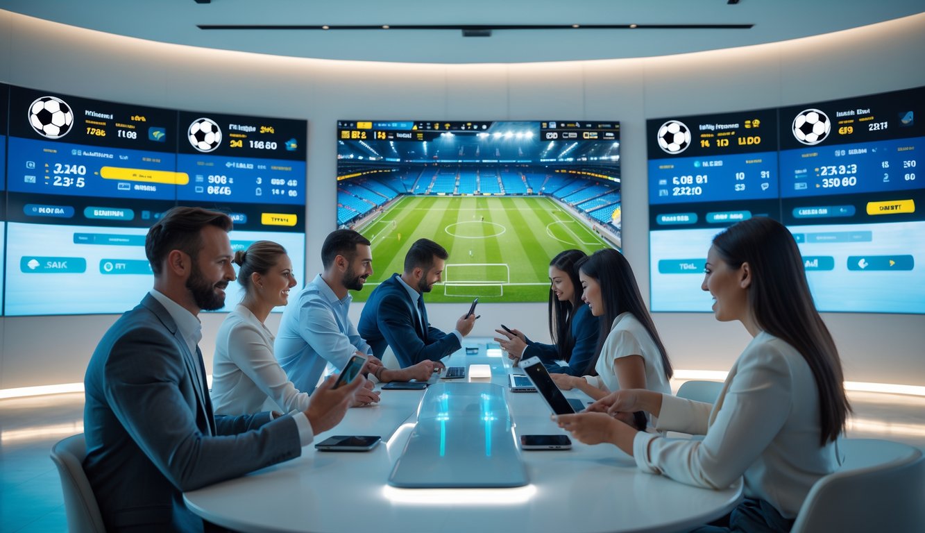 Orang-orang di ruang taruhan olahraga modern yang fokus pada sepak bola dengan layar digital menampilkan statistik pertandingan dan skor langsung.