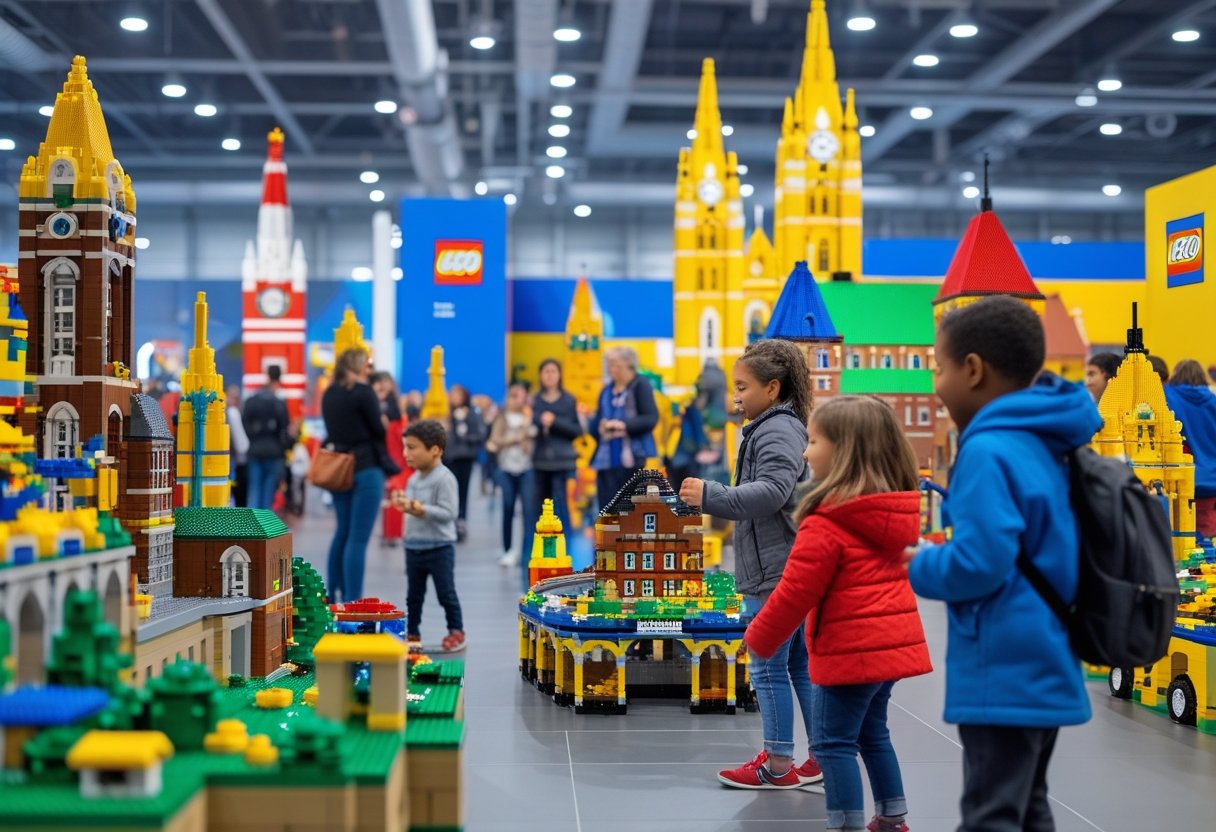 Une scène animée dans une grande salle d'exposition avec des visiteurs admirant des modèles Lego colorés représentant des monuments de Montréal.